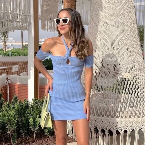 Zara Sky Blue Knot Halter Rib Dress Size Medium - Picture 1 of 9